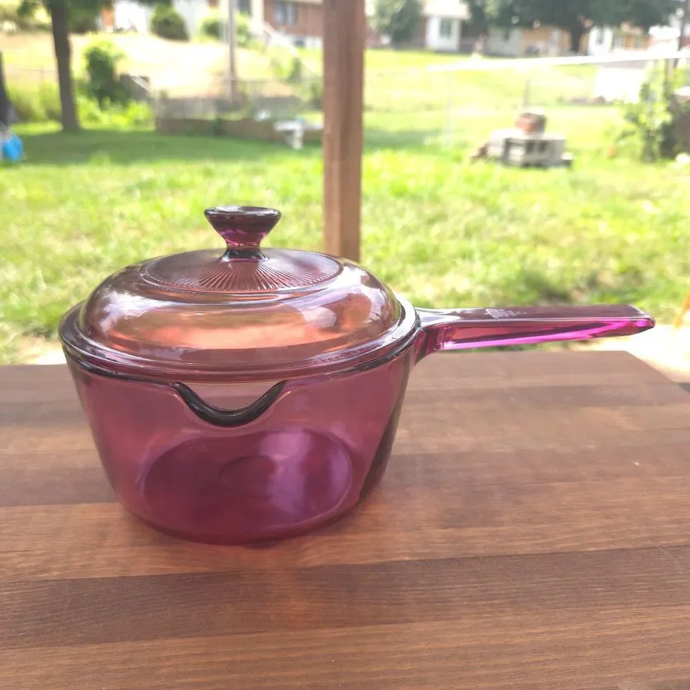 Vintage Corning Visions Cranberry Saucepan & 24 oz Casserole Set w/ Lids USA